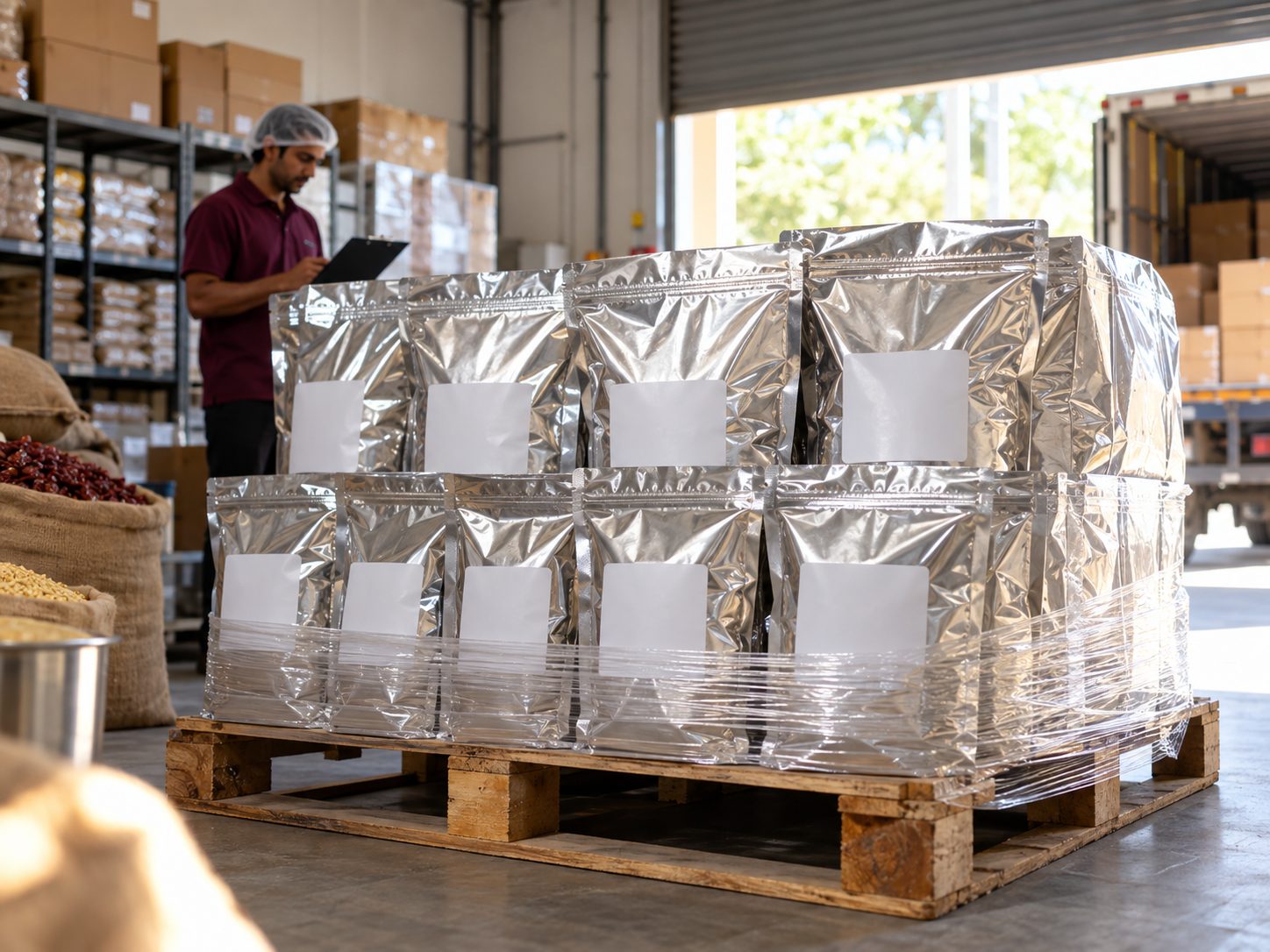 Bulk pouches labelled and stacked for dispatch