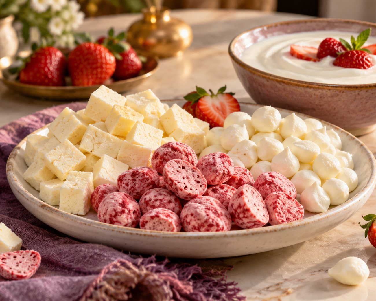 Freeze-dried strawberry yogurt bites, cheese cubes and yogurt drops